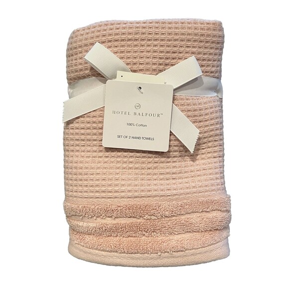 HOTEL BALFOUR Bath Hand Towels 100% Cotton Pink Blush Textured SET OF TWO New - Picture 2 of 7